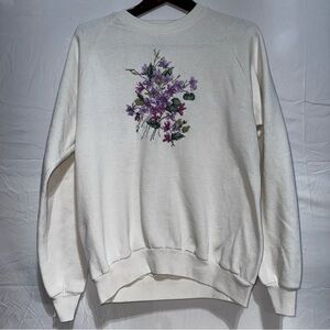 Vintage Jerzees Needle Point Embroidered Purple Floral Bouquet Sweatshirt Sz XL‎